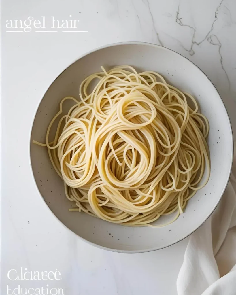 Angel hair pasta served plain in a white ceramic bowl on a marble countertop