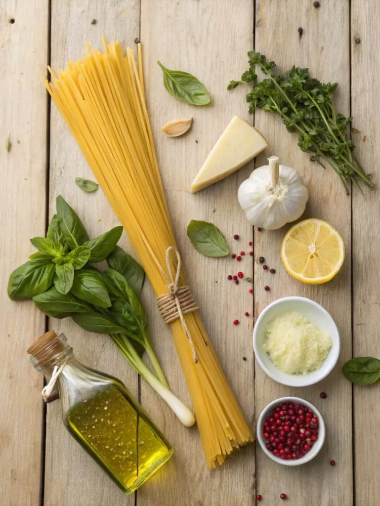angel-hair with fresh herbs, Parmesan, garlic, lemon, and olive oil on rustic wood