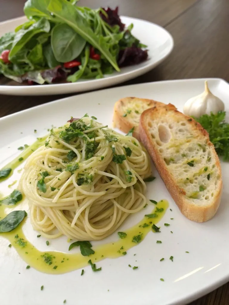 Plated garlic spaghetti with herbs and toasted bread