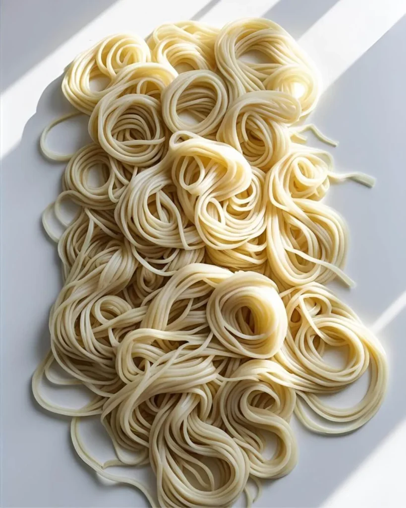 Loops of raw Japanese wheat noodles placed under soft natural light on a white surface