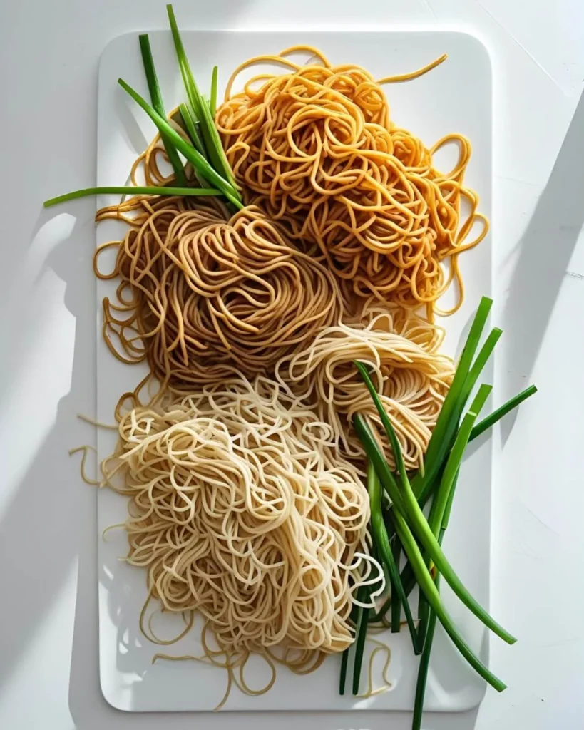Three types of Chinese wheat noodles—light, dark, and medium shades—arranged on a white platter with fresh spring onions