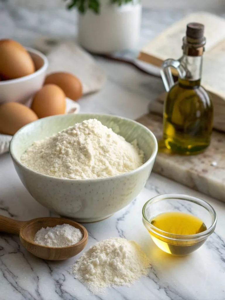 Pasta dough ingredients including flour, eggs, olive oil