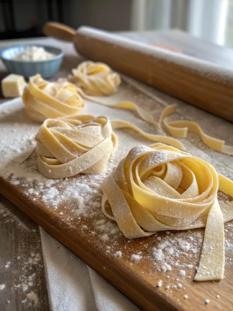 Fresh pappardelle pasta nests on wooden board