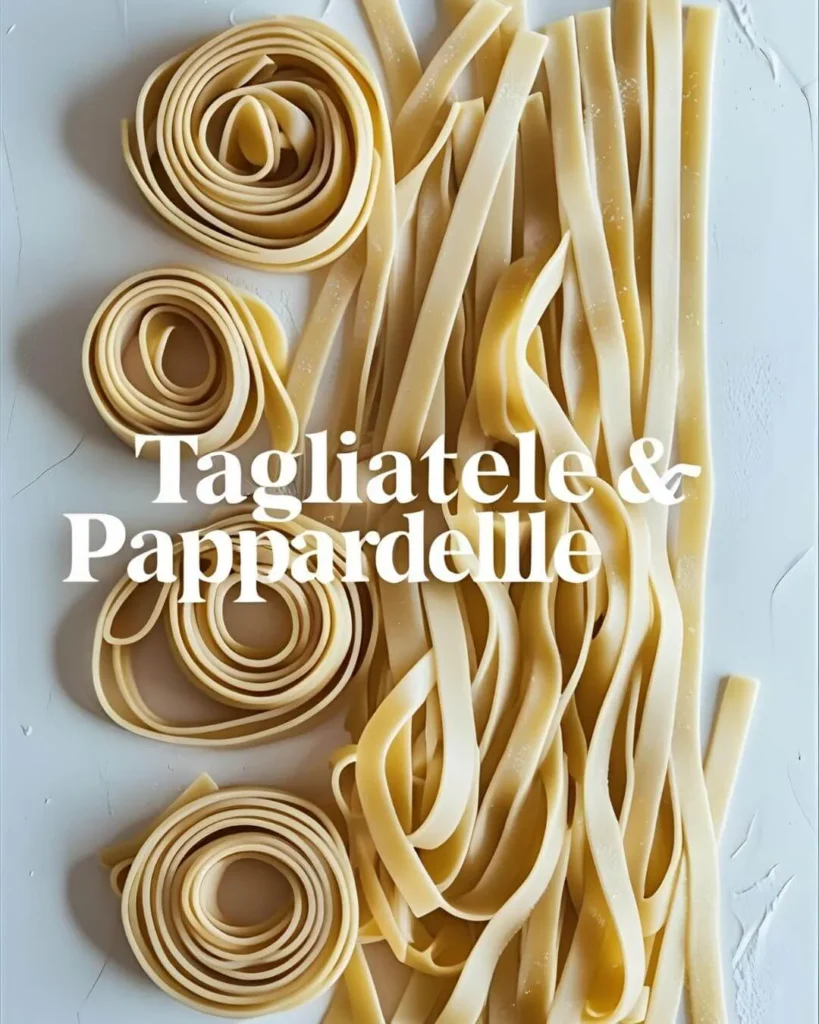 Flat Italian noodles tagliatelle and pappardelle laid out in ribboned nests and loose strips on a white background