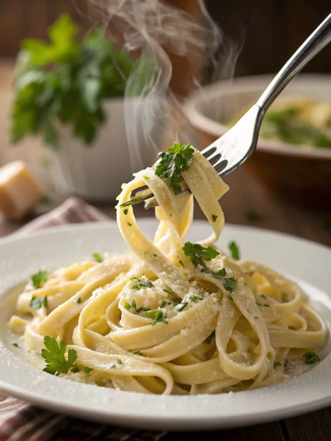 Fettuccine Alfredo in a bowl with creamy sauce
