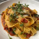 Homemade pappardelle with tomato sauce and fresh herbs