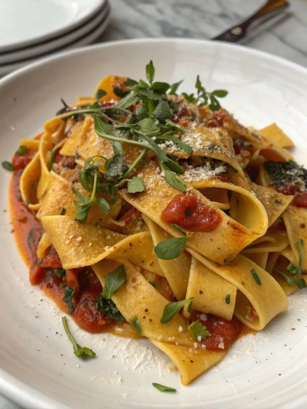 Homemade pappardelle with tomato sauce and fresh herbs