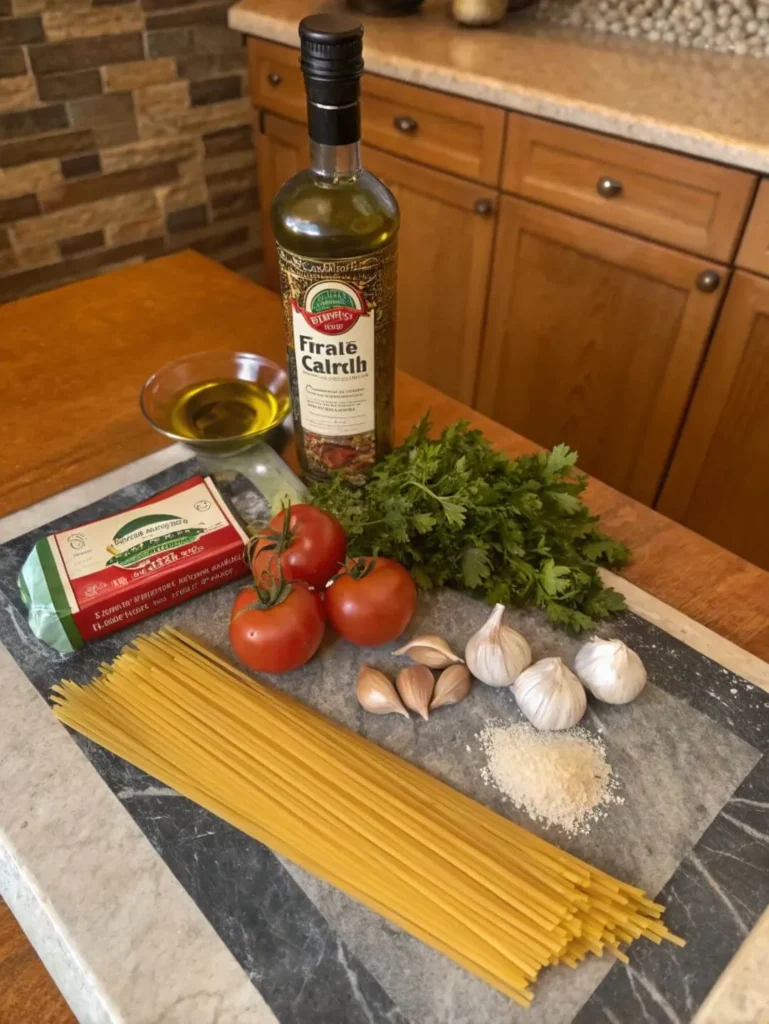 Ingredients for easy spaghetti recipe including olive oil, garlic, pasta, tomatoes, and herbs