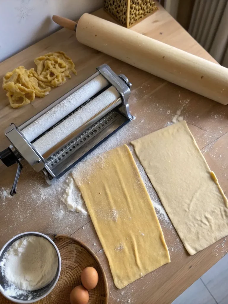 Homemade pasta dough in pasta roller for pappardelle