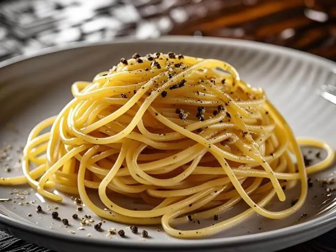 Close-up of spaghetti noodles served with cracked black pepper and olive oil on a ceramic plate