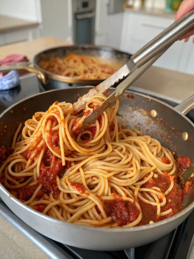 Easy spaghetti recipe being tossed in sauce in a skillet
