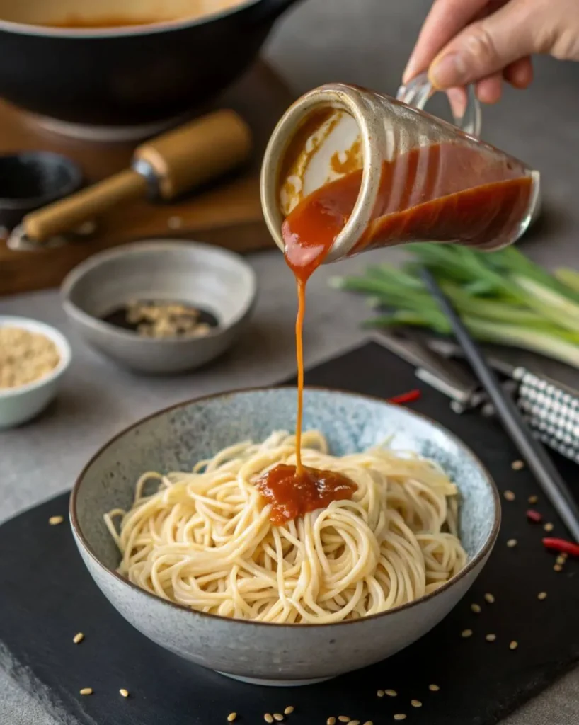 Noodles Served in Bowl with Sauce Being Poured