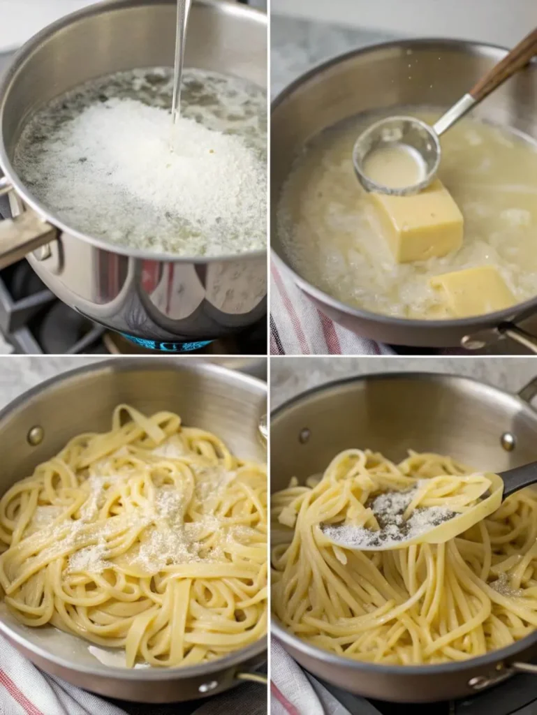 Cooking Fettuccine Alfredo in a pan