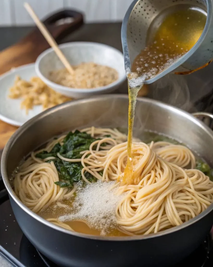Pouring Broth Over Fresh Boiled Noodles in a Pot