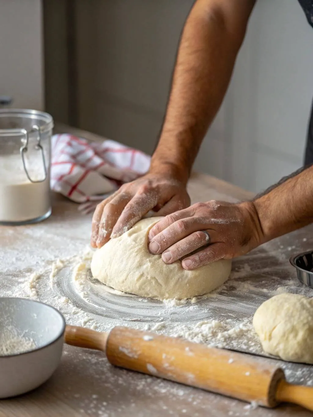 3-knead-the-dough--turn-it-onto-a-floured-surface Hands kneading vegan pasta dough on a floured surface
