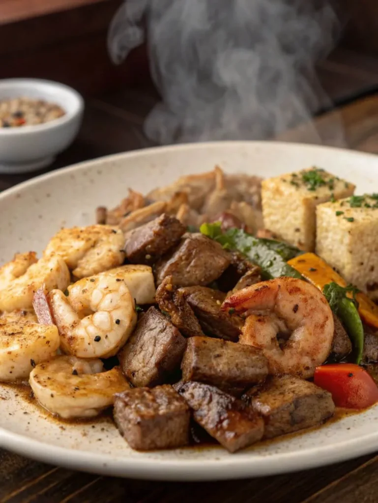 A close-up shot of a white plate filled with a variety of cooked proteins and vegetables, with steam visibly rising from the dish. The plate features succulent cooked shrimp with black pepper, tender cubes of seared beef or steak, and green vegetables, likely bell peppers or snap peas. In the background, out of focus, are golden-brown pieces of what looks like fried tofu or cornbread, and a small white bowl with spices. The dish is presented on a dark wooden surface.