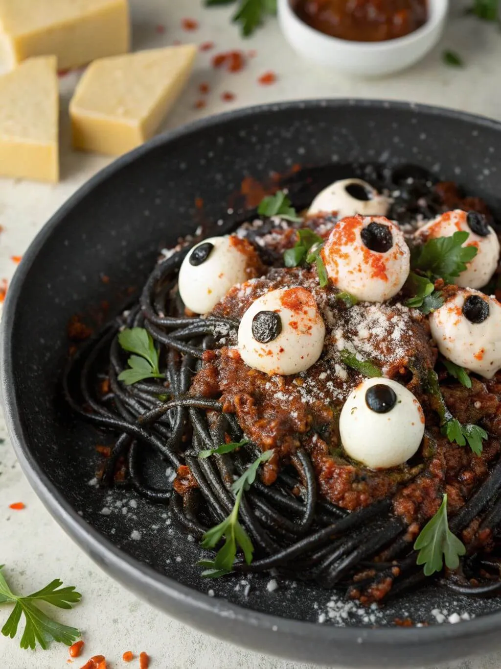 Assemble Your Spooky Plate Close-up of Halloween black pasta with mozzarella and olive eyeballs