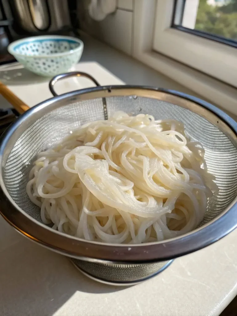 Drained shirataki noodles in a fine-mesh colander after boiling, ready for rinsing and drying.