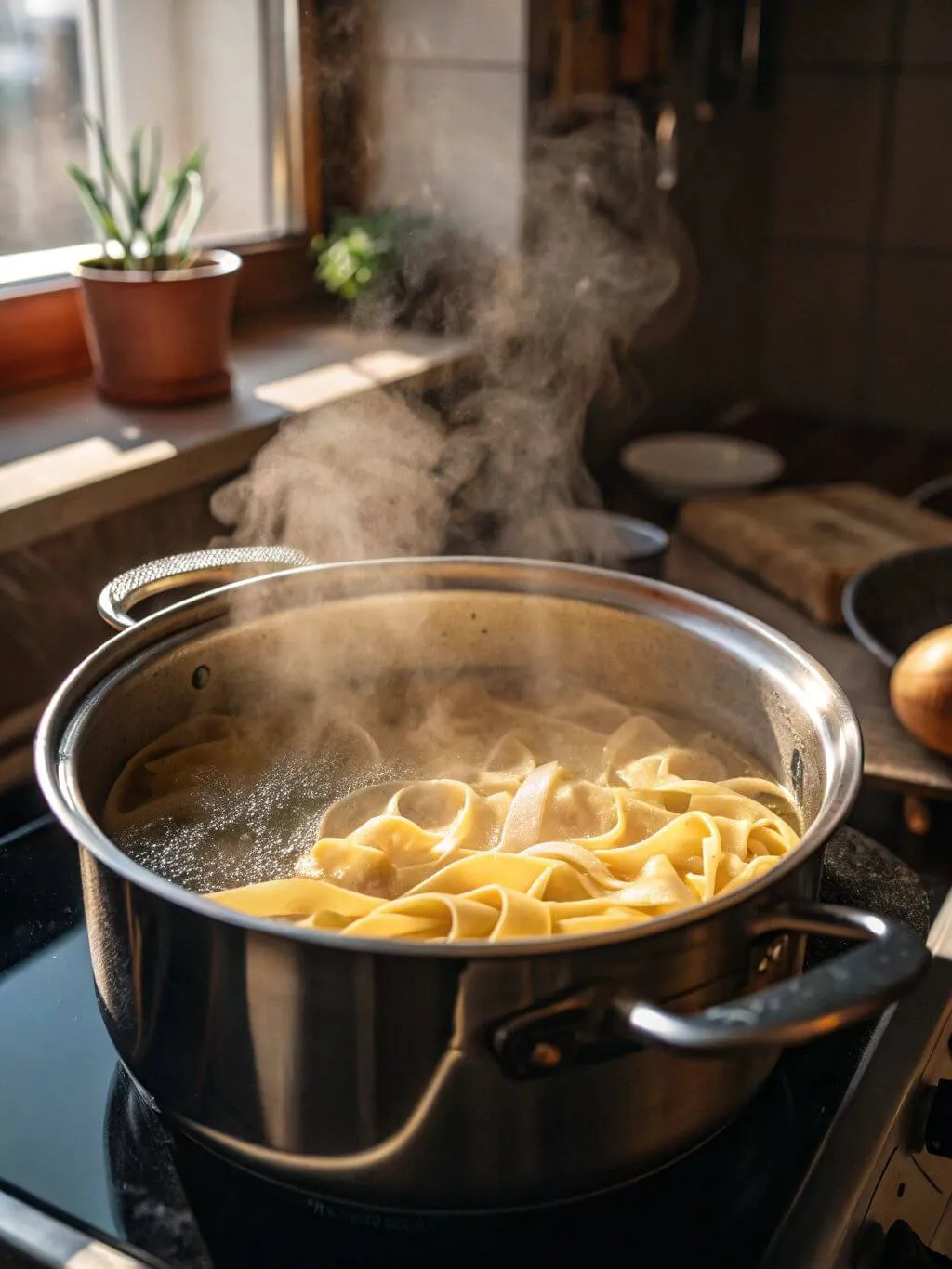 Boiling the Pasta Homemade gluten free pasta boiling in a stainless steel pot