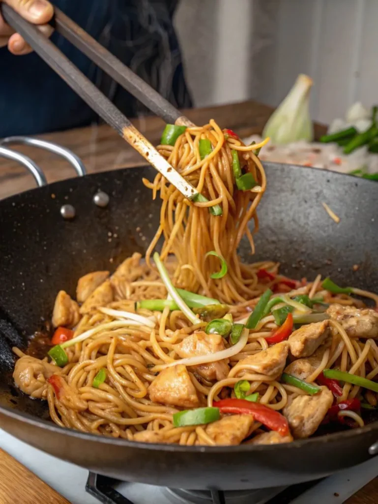 Hands using metal tongs to toss cooked Chow Mein noodles with chicken, red bell peppers, and green onions in a hot wok.