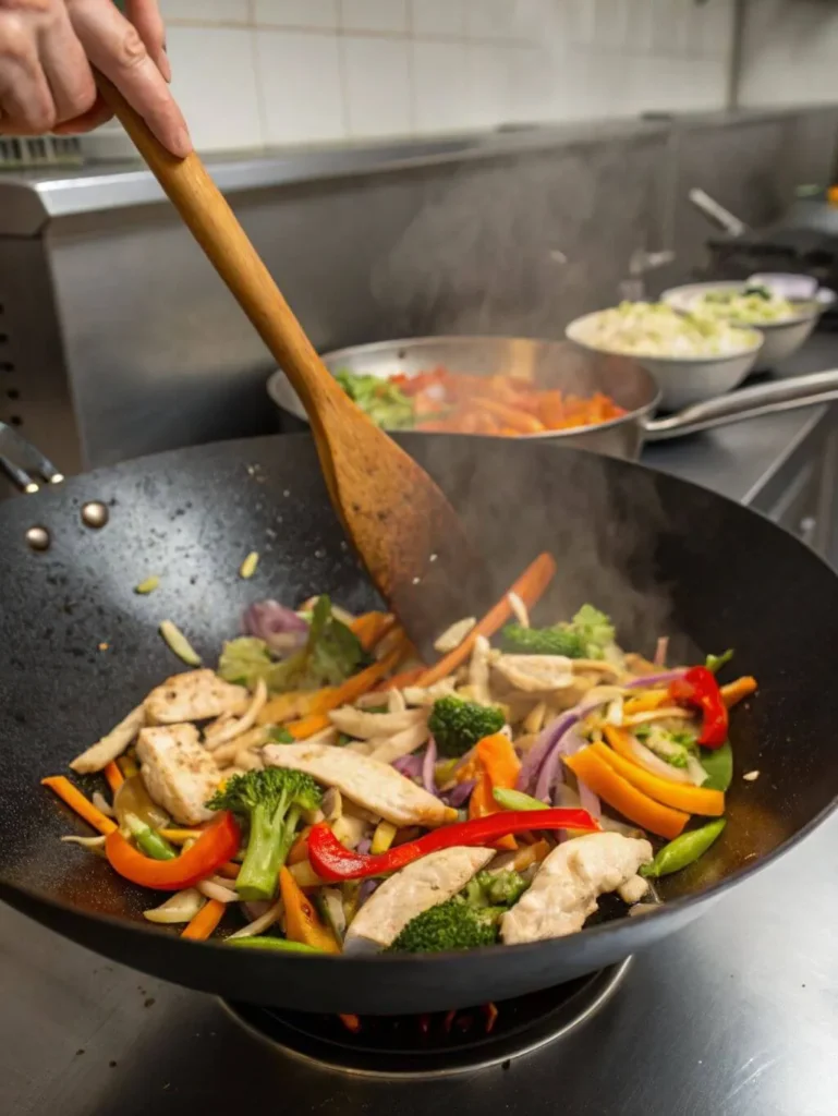 A wooden spatula stirring colorful chicken and vegetables like broccoli, carrots, and bell peppers in a steaming wok during Chow Mein preparation.