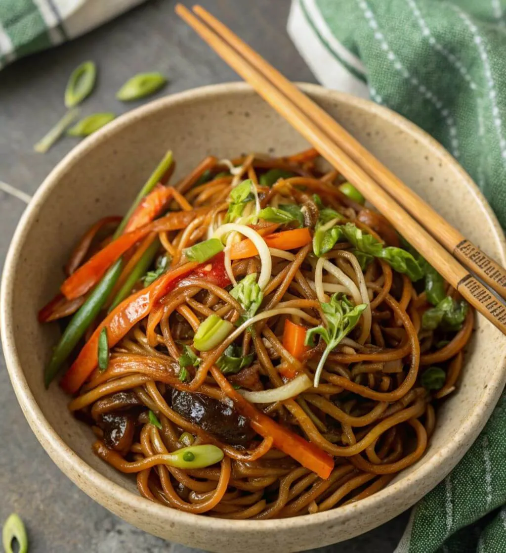 Close-up of a vibrant bowl of homemade Chinese Chow Mein noodles with colorful vegetables and green onions, ready to eat.