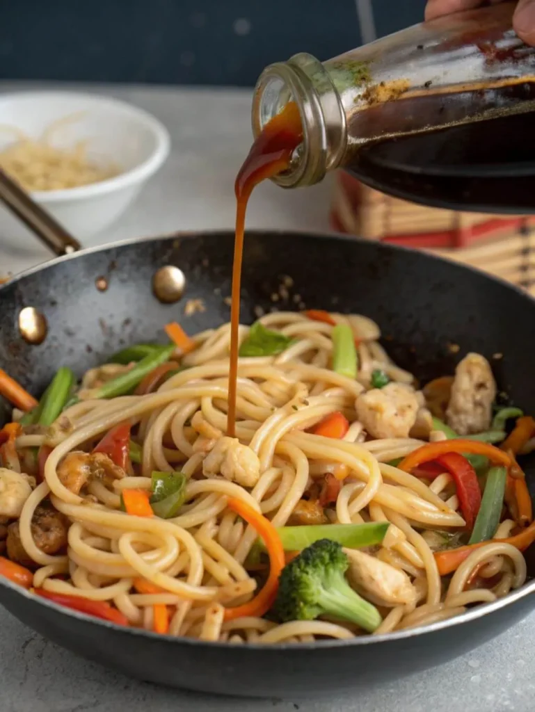 dark non-stick frying pan filled with cooked noodles, colorful stir-fried vegetables (like red and green bell peppers, carrots, broccoli, and celery), and pieces of chicken or shrimp. A hand is pouring a stream of dark sauce from a clear glass bottle directly over the ingredients in the pan. In the blurred background, a white bowl with some white strands and a small bamboo mat are visible.