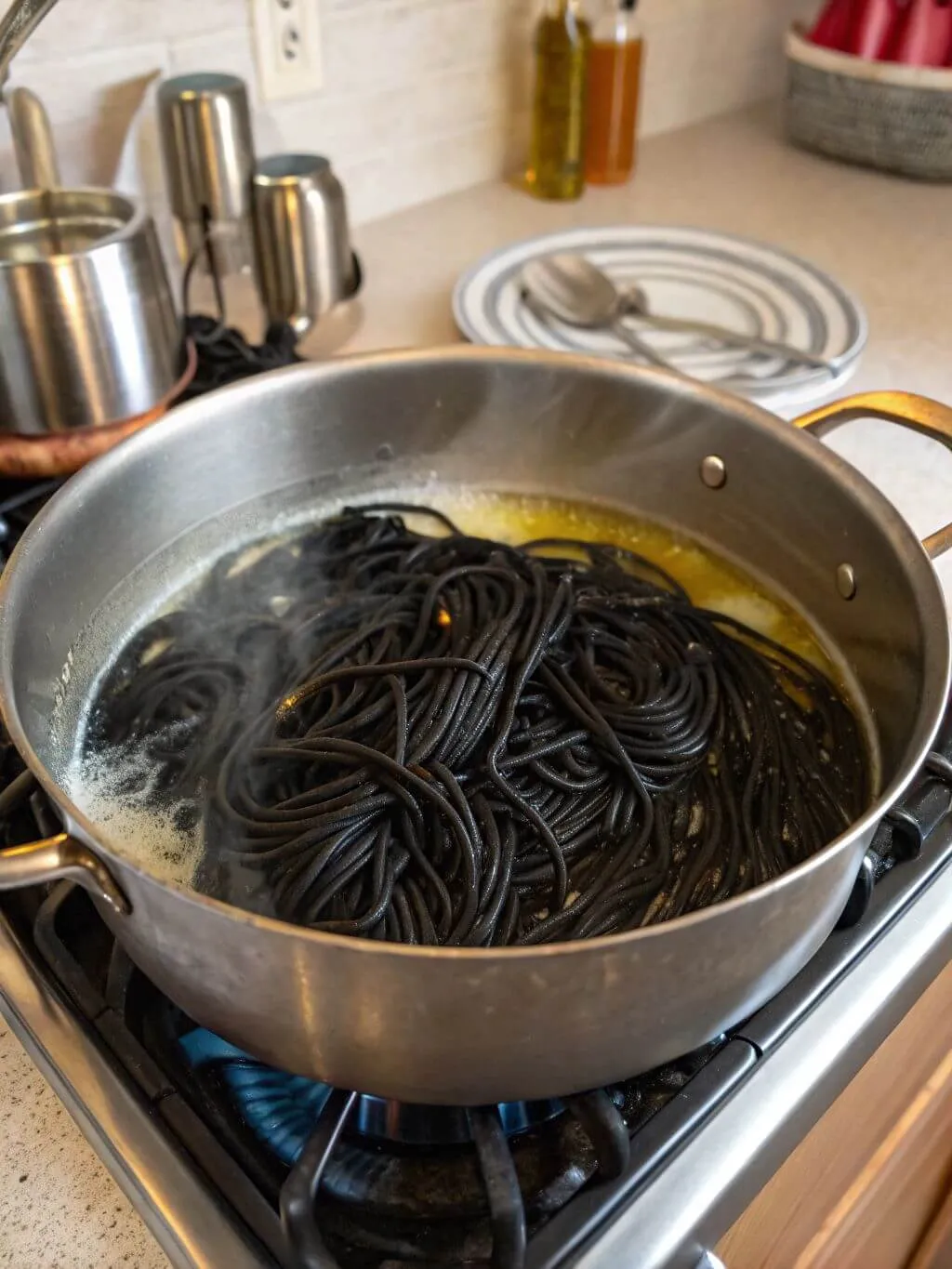 Cook the Pasta Black pasta cooking in a pot on the stove for Halloween dinner