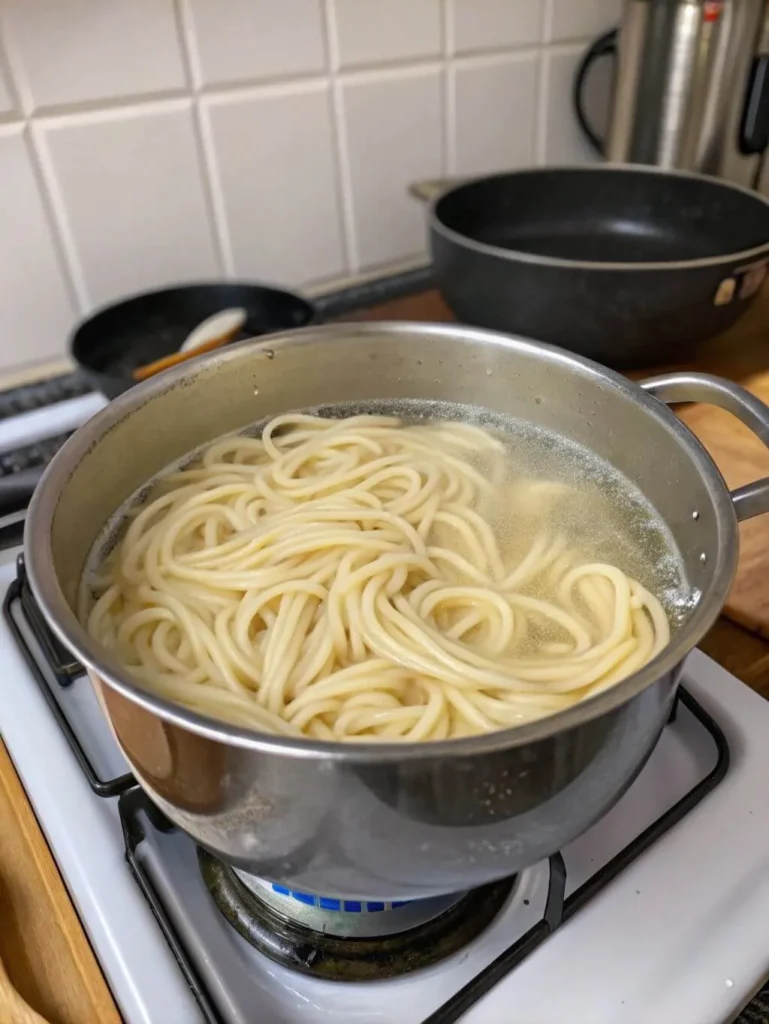 A stainless steel pot on a gas stove burner, actively boiling udon noodles in clear water. The thick, white noodles are submerged and swirling in the bubbling water. In the background, other kitchen equipment, including a dark frying pan and a metal pot, are visible on the counter and stove, suggesting a cooking environment.