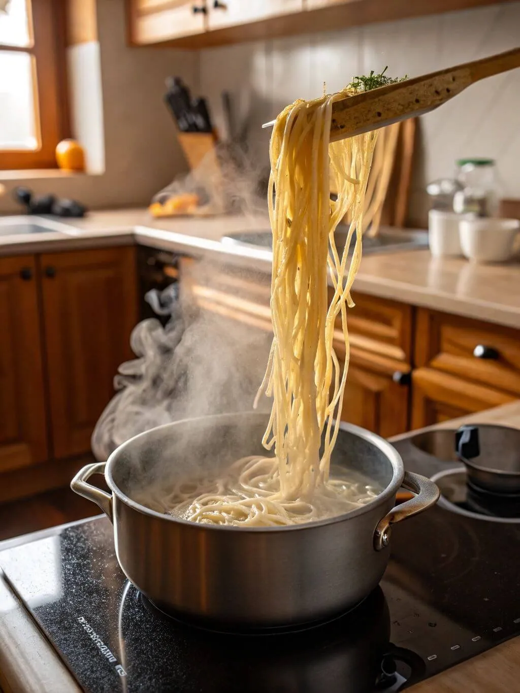 Cooking Freshly cooked homemade egg noodles lifted from a steaming pot in a cozy kitchen