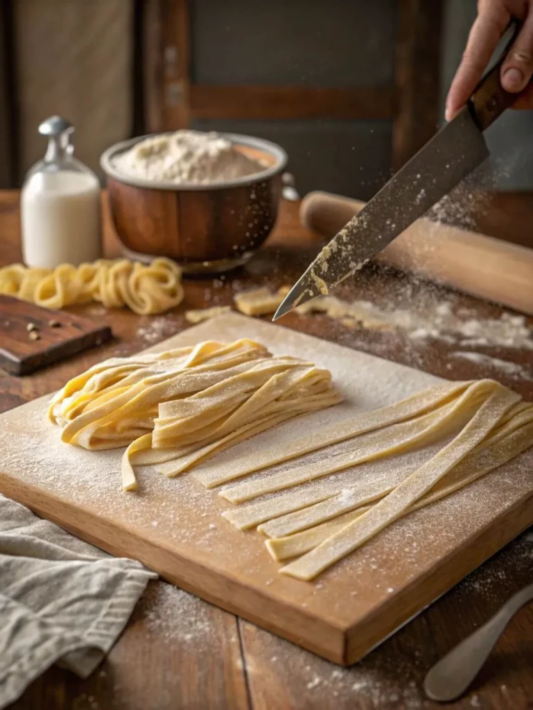 Hands using a large knife to cut homemade pasta dough into wide, flat noodles on a wooden board.