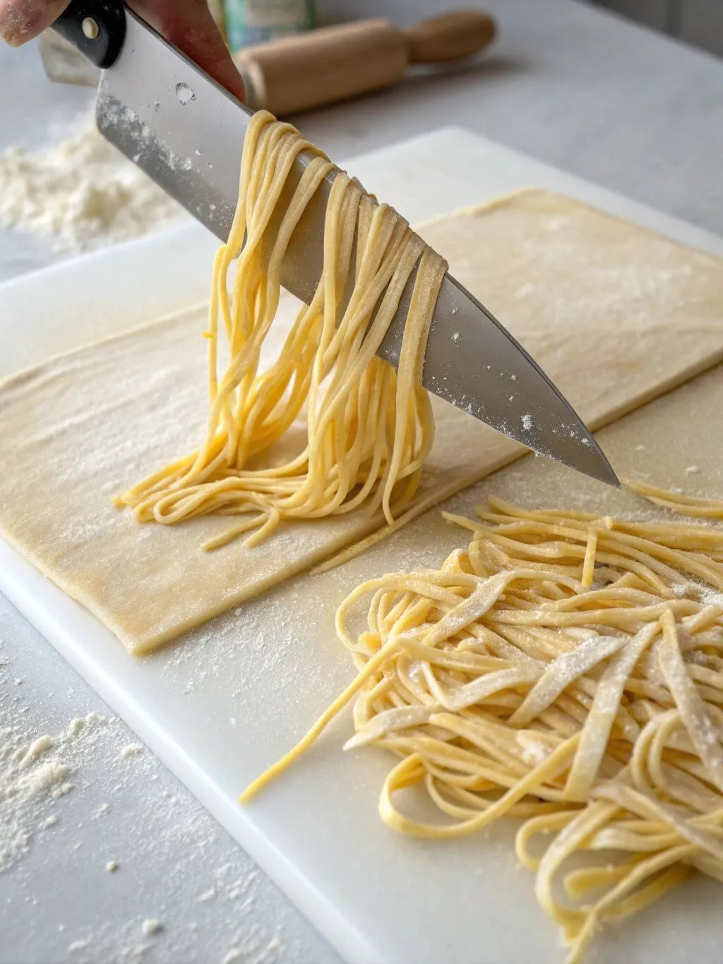 Cutting Noodles Hand-cutting homemade egg noodles with a knife on a floured surface