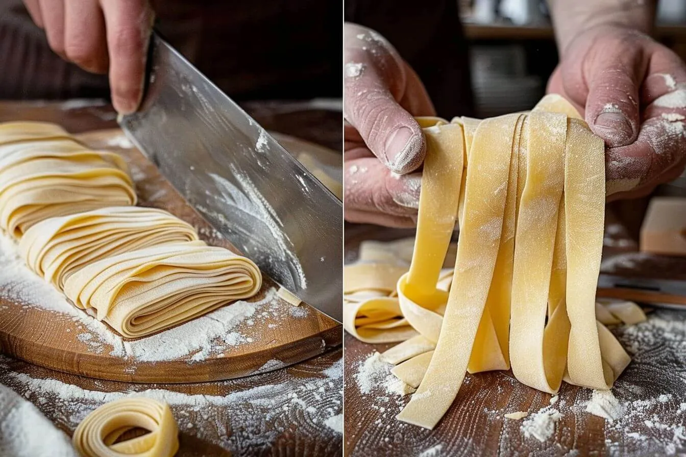 Cutting the Pasta Homemade Gluten Free Pasta Hands slicing gluten free pasta dough with a large knife