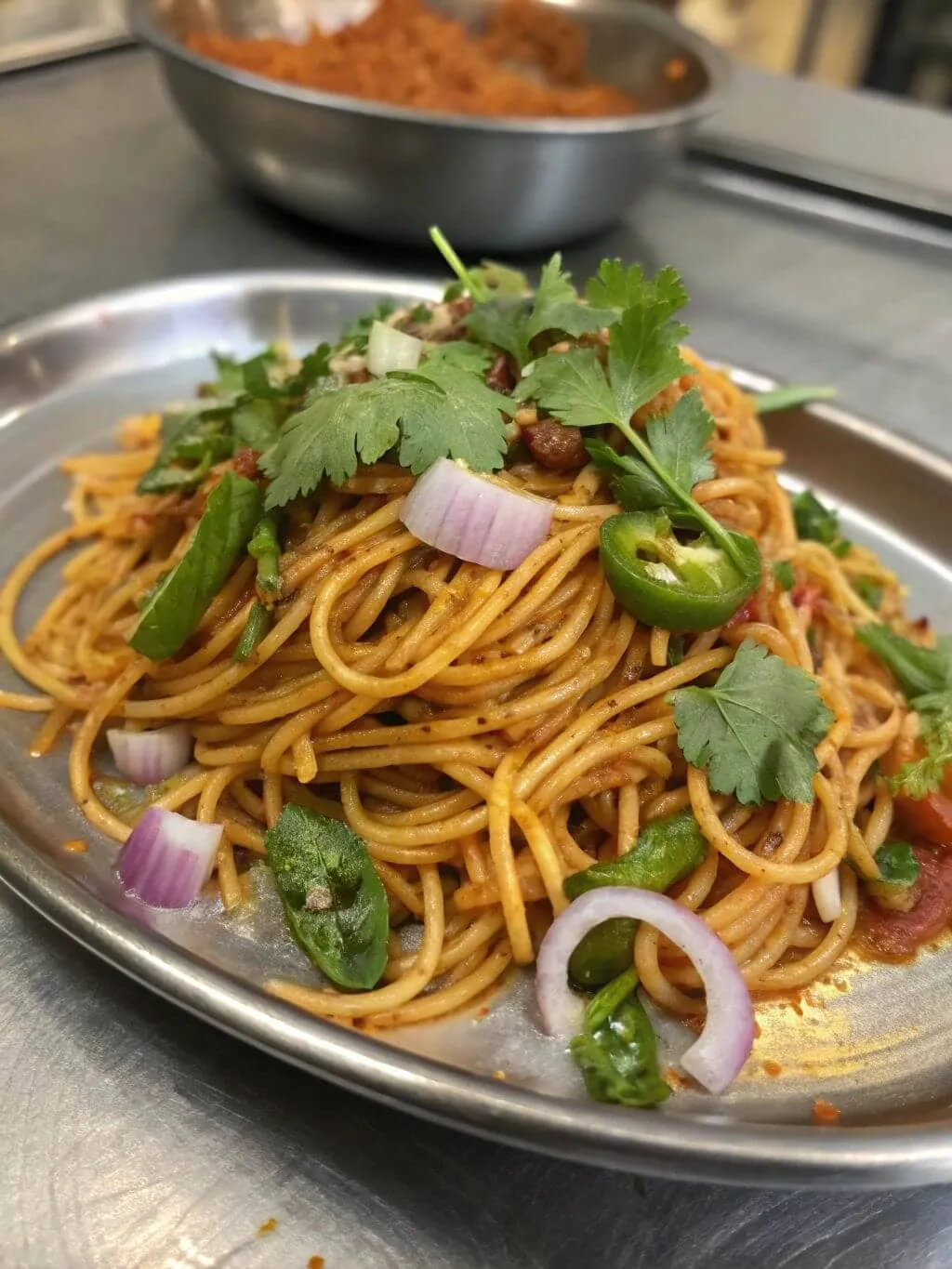 Desi Masala Spaghetti Spicy Indian-style masala spaghetti garnished with cilantro, onions, and green chilies