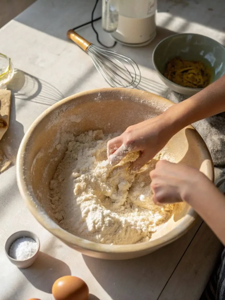 Hands kneading flour in a large bowl to make fresh noodle dough