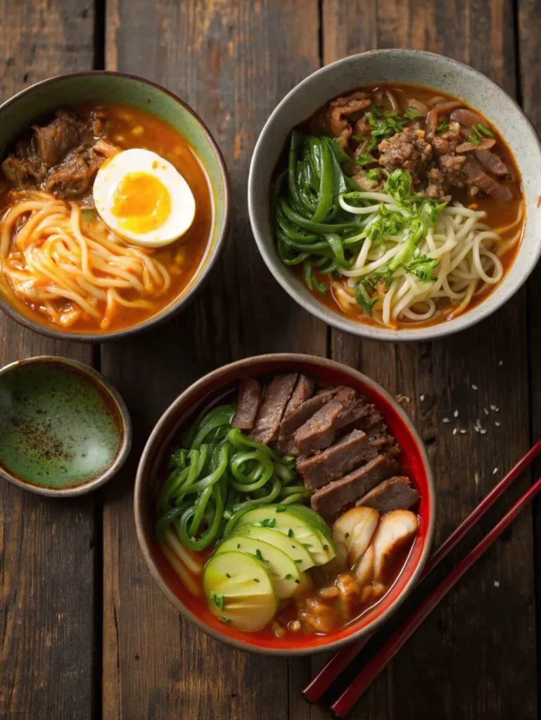 A top-down view of three distinct bowls of East Asian noodle soups on a dark wooden table. The top-left bowl features a rich, reddish-orange broth with thick noodles, slices of meat, and a perfectly halved soft-boiled egg with a jammy yolk. The top-right bowl contains a lighter broth with a mix of thin white noodles and vibrant green noodles, topped with minced meat and scallions. The bottom bowl holds a deep red broth with green noodles, slices of seared meat, and fresh avocado slices, with a small green ceramic dish nearby. A pair of red chopsticks rests on the table beside the bottom bowl.