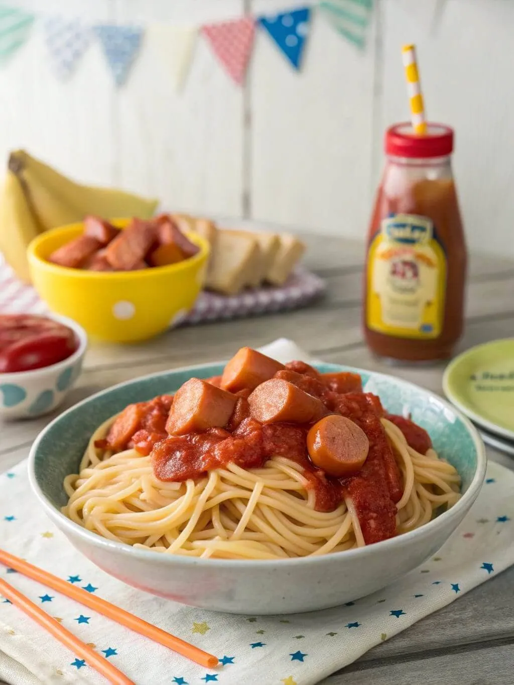 Filipino Sweet-Style Spaghetti Filipino-style spaghetti with red sauce and sliced hotdogs
