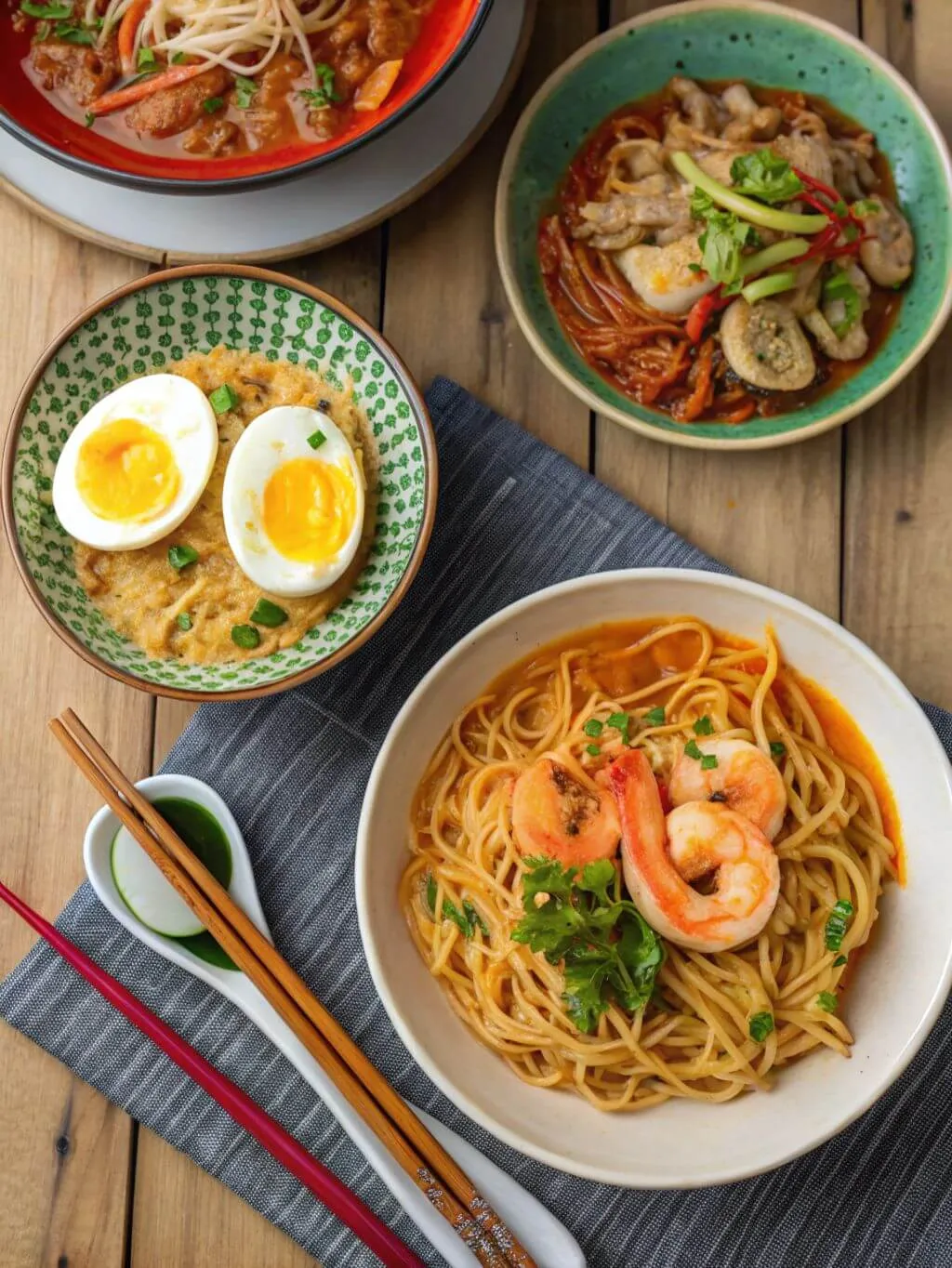 A top-down view of three diverse noodle dishes arranged on a light wooden table, with a dark gray linen cloth partially underneath. In the foreground, a white bowl holds sauced noodles topped with two large cooked shrimp and chopped green herbs. To its left, a small green-patterned bowl contains noodles garnished with two halved soft-boiled eggs, their yolks bright yellow. In the background, a light green bowl holds a vibrant noodle dish with sliced meat, red chilies, and fresh green herbs. A pair of wooden chopsticks with red tips rests on a white spoon, beside the foreground bowl.
