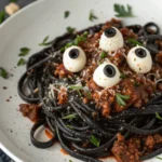 Halloween black pasta with mozzarella eyeballs and meat sauce