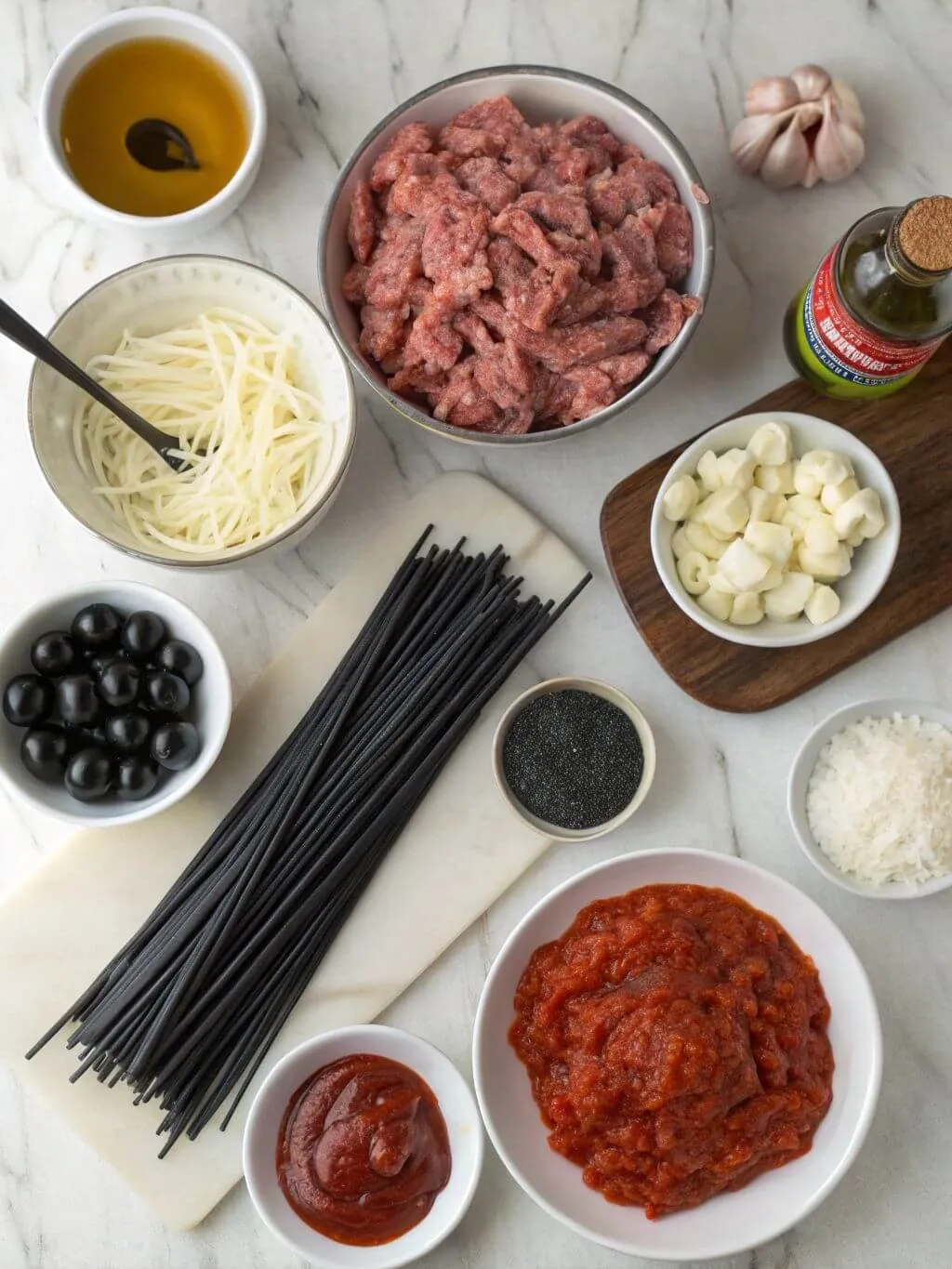 Halloween Pasta ingredients Ingredients for Halloween pasta including black linguine, meat, olives, and sauce