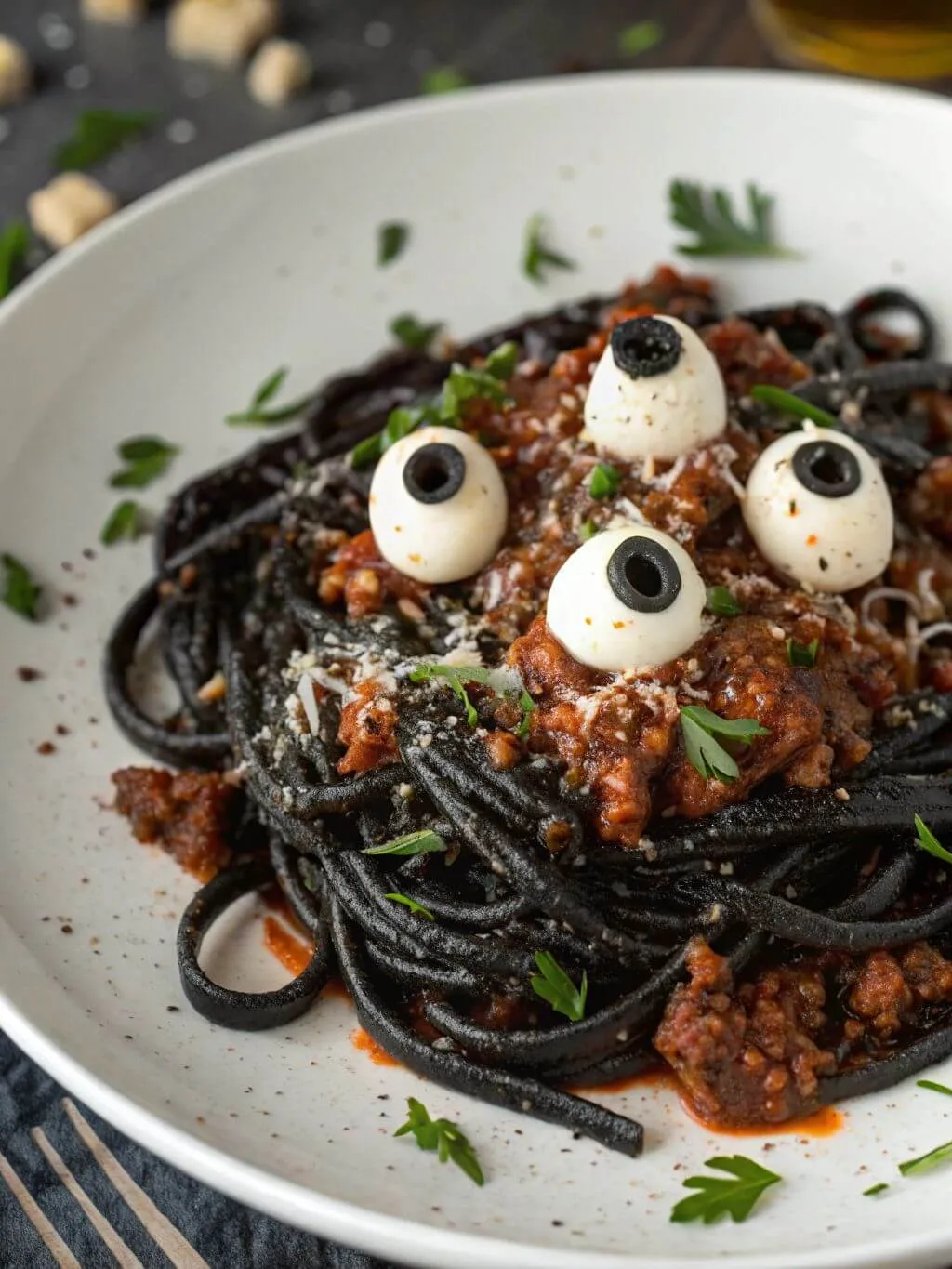 Halloween black pasta with mozzarella eyeballs and meat sauce