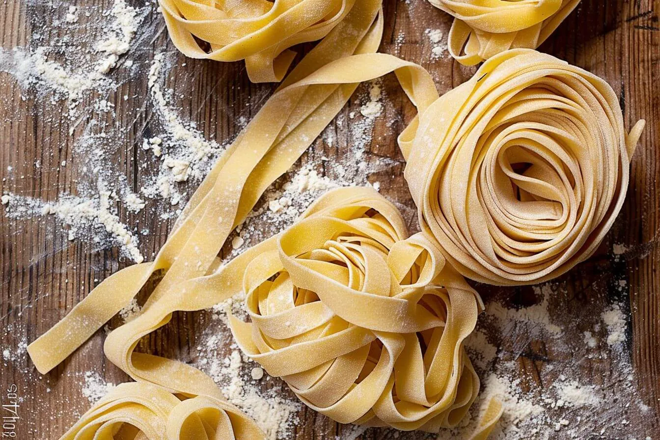 Homemade Gluten Free Pasta serving Fresh gluten free pasta nests arranged on a wooden surface