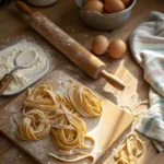Freshly cut homemade egg noodles resting on a wooden cutting board, dusted with flour, beside a rolling pin and eggs.