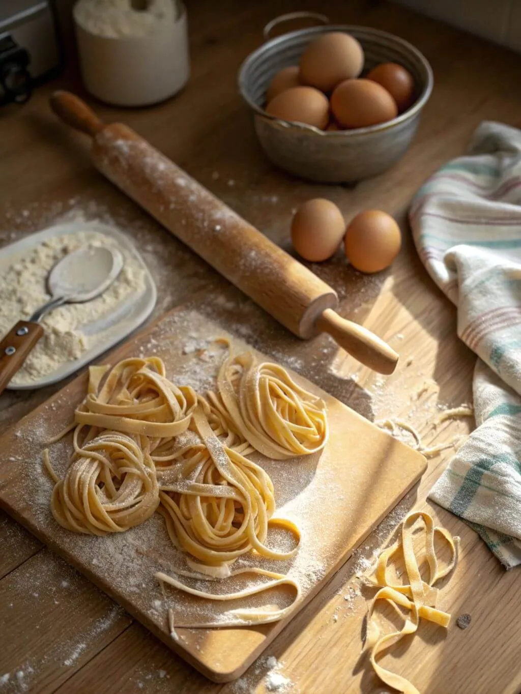 Freshly cut homemade egg noodles resting on a wooden cutting board, dusted with flour, beside a rolling pin and eggs.