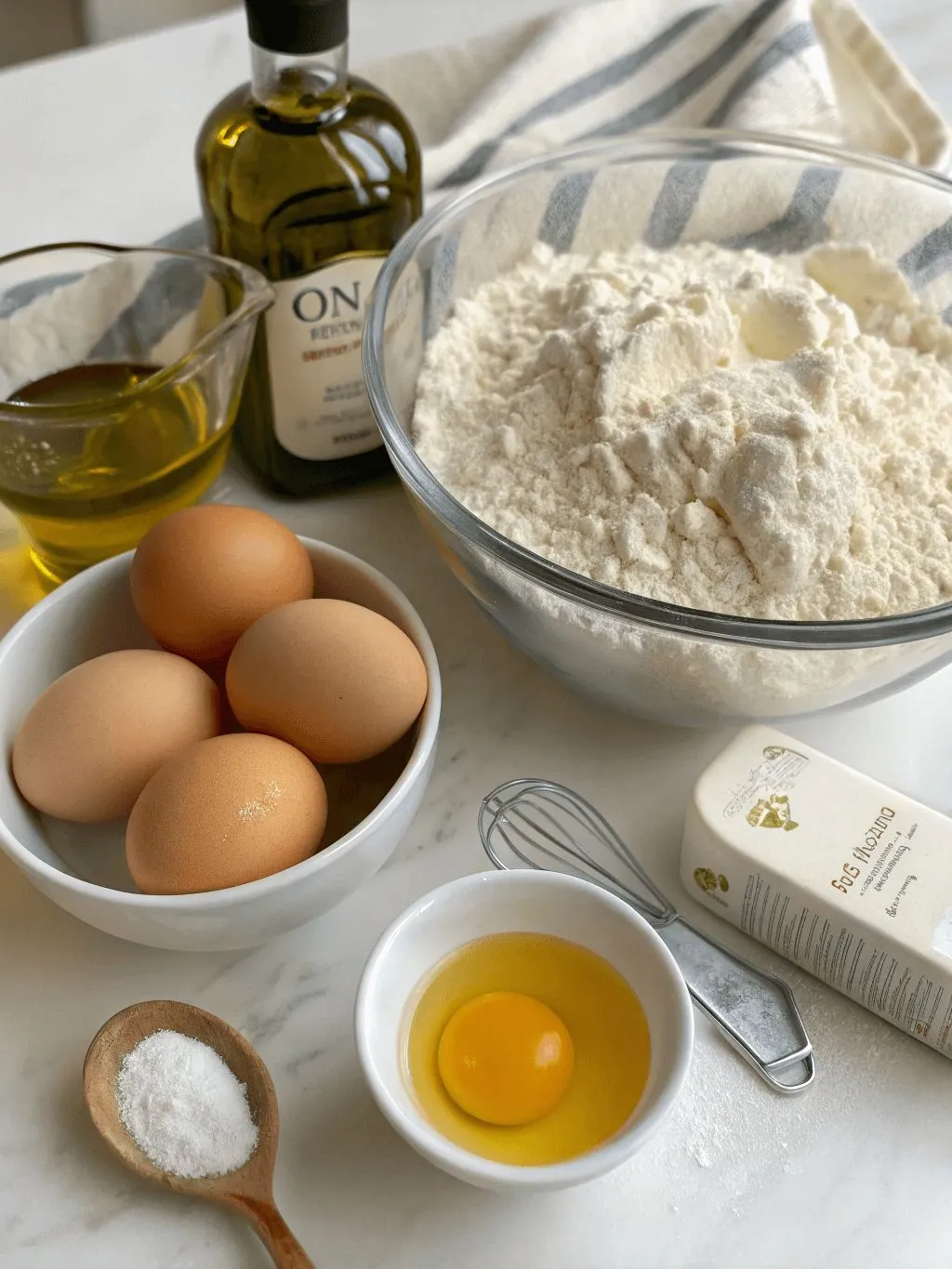 Homemade Pasta Ingredients Ingredients for homemade pasta recipe including flour, eggs, salt, and olive oil