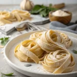 Homemade pasta noodles boiling in a stainless steel pot on a stove