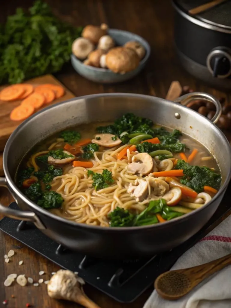 Ramen noodles cooking in broth with garlic and ginger