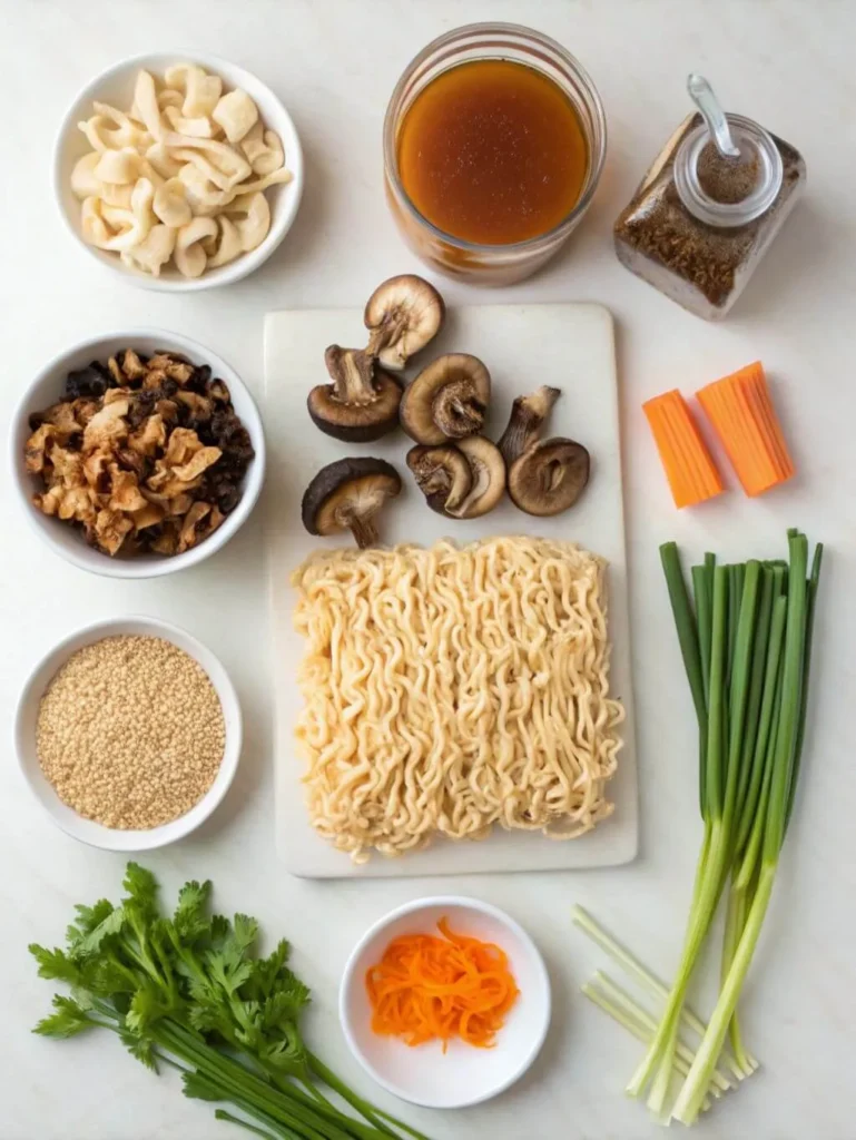 Flat lay of fresh ingredients for homemade ramen noodles