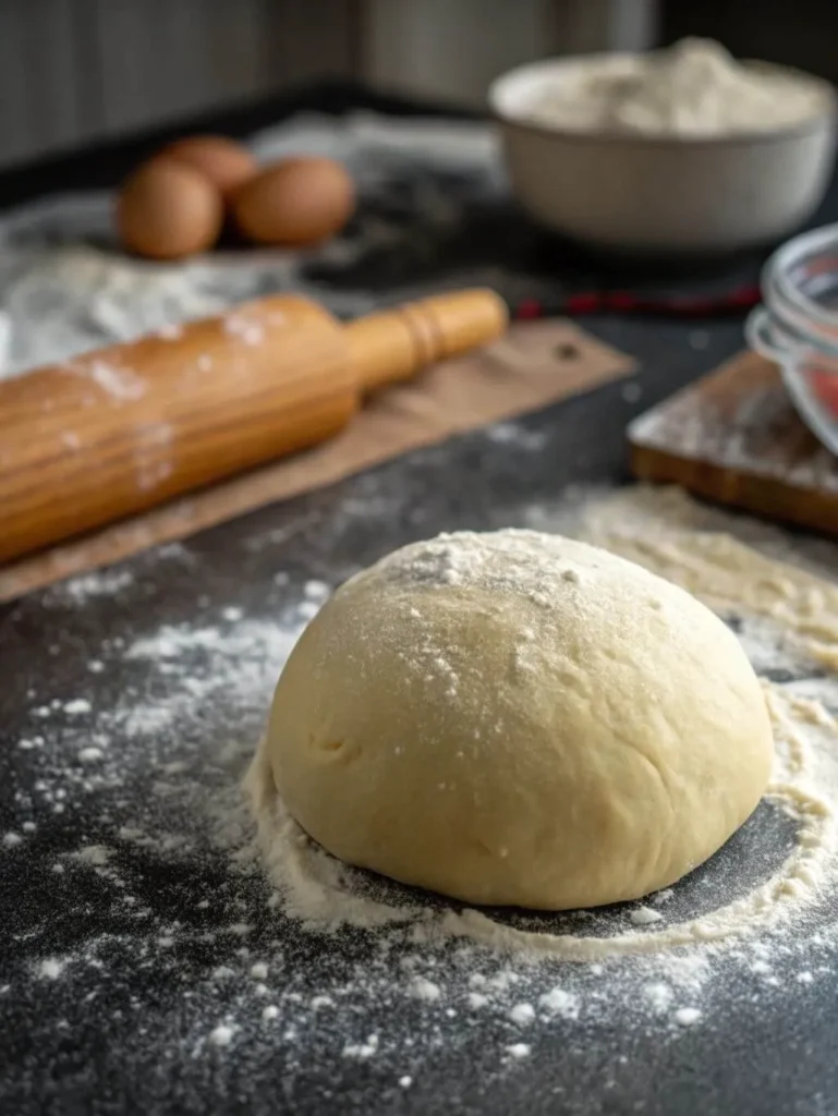 Freshly kneaded homemade noodle dough resting on a flour-dusted dark countertop, with baking tools in the background.