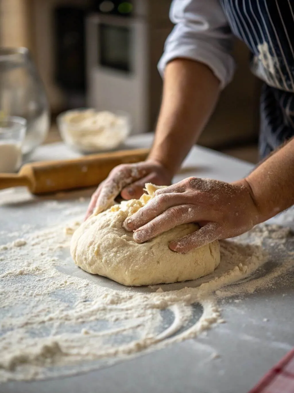 Kneading the Dough Homemade Gluten Free Pasta Hands kneading gluten free pasta dough on a floured surface